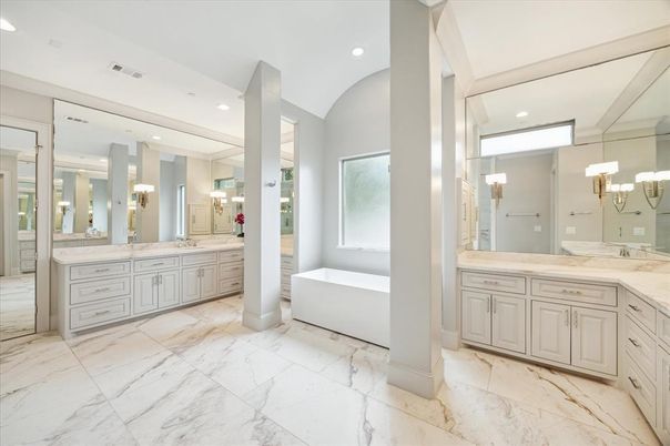 Bathroom, Dual Sink Vanities, Free Standing Baths, Interior, Marble, Recessed Lighting