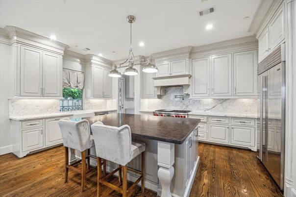 Interior, Kitchen, Marble Walls, Pendant Lights, Recessed Lighting, Wood Texture Flooring