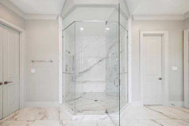 Bathroom, Glass Shower, Interior, Marble, Marble Walls, Recessed Lighting