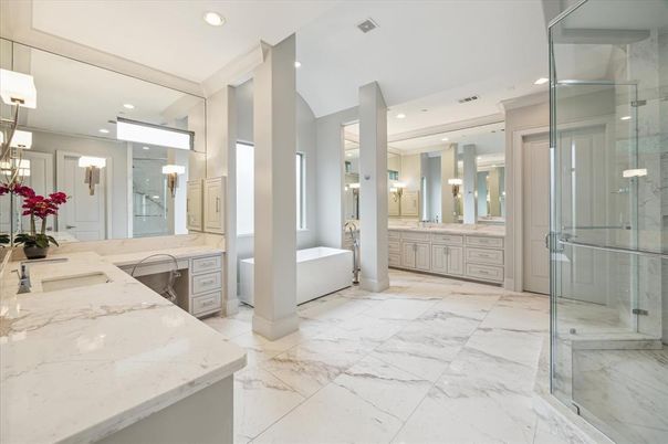 Bathroom, Dual Sink Vanities, Free Standing Baths, Glass Shower, Interior, Marble, Recessed Lighting