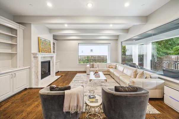Fireplace, Interior, Living room, Recessed Lighting, Wood Texture Flooring