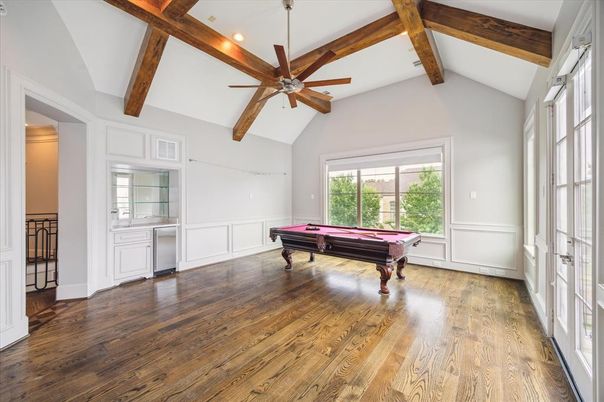 Billiard Table, Game Room, Interior, Recessed Lighting, Wooden Beams, Wood Texture Flooring