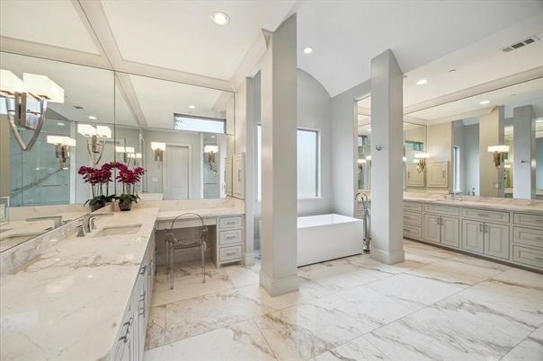 Bathroom, Dual Sink Vanities, Free Standing Baths, Interior, Marble, Recessed Lighting