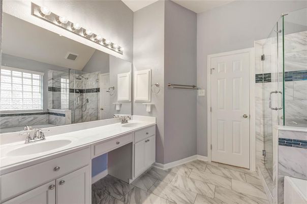 Bathroom, Dual Sink Vanities, Glass Shower, Interior, Marble, Marble Walls