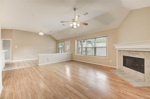 Empty room, Fireplace, Interior, Pendant Lights, Wood Texture Flooring