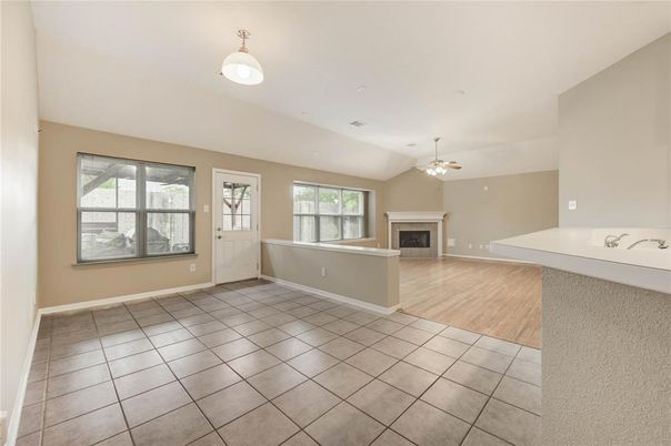 Empty room, Fireplace, Interior, Pendant Lights, Wood Texture Flooring