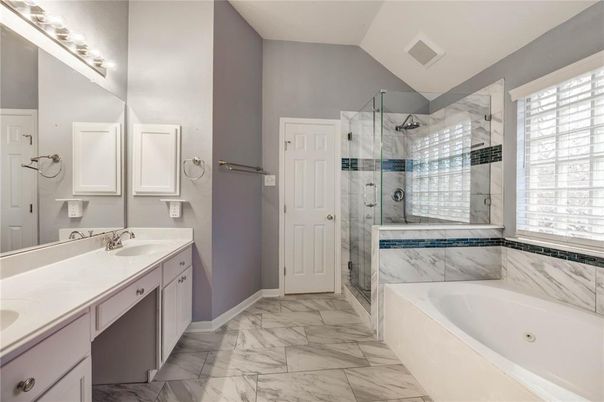 Bathroom, Dual Sink Vanities, Glass Shower, Interior, Marble