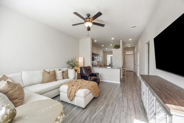 Interior, Living room, Recessed Lighting, Wood Texture Flooring