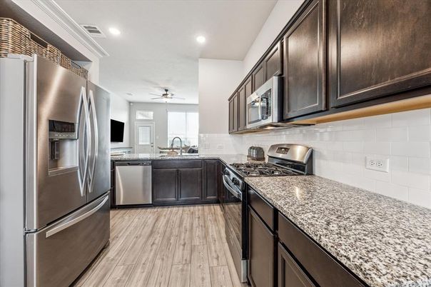 Interior, Kitchen, Recessed Lighting, Stainless Steel Appliances, Wood Texture Flooring