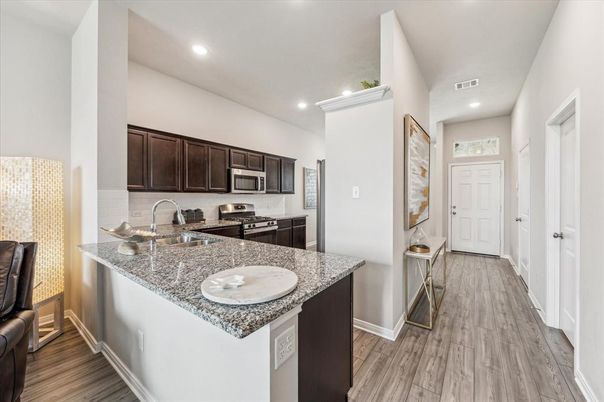 Interior, Kitchen, Recessed Lighting, Stainless Steel Appliances, Wood Texture Flooring