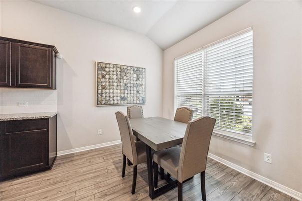 Dining room, Interior, Recessed Lighting, Wood Texture Flooring