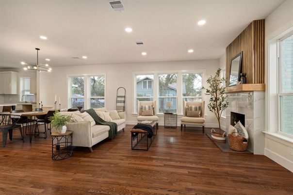 Dining room, Fireplace, Interior, Living room, Pendant Lights, Recessed Lighting, Wood Texture Flooring