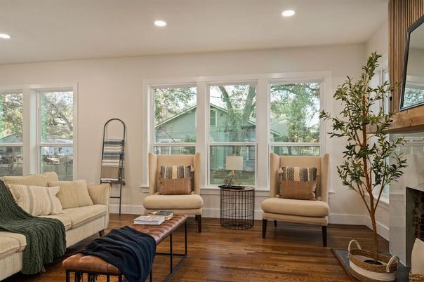 Fireplace, Interior, Living room, Recessed Lighting, Wood Texture Flooring