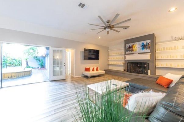 Fireplace, Interior, Living room, Recessed Lighting, Wood Texture Flooring