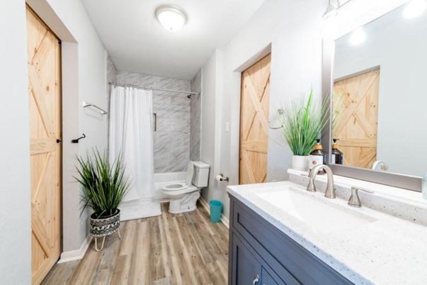Bathroom, Interior, Marble Walls, Wood Texture Flooring