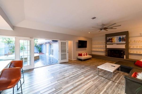 Fireplace, Interior, Living room, Recessed Lighting, Wood Texture Flooring