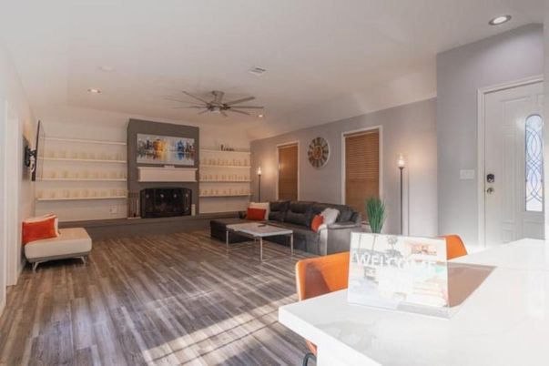 Dining room, Fireplace, Interior, Living room, Recessed Lighting, Wood Texture Flooring