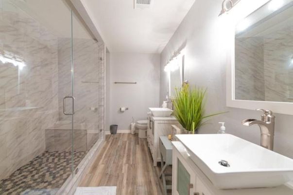 Bathroom, Glass Shower, Interior, Marble Walls, Wood Texture Flooring