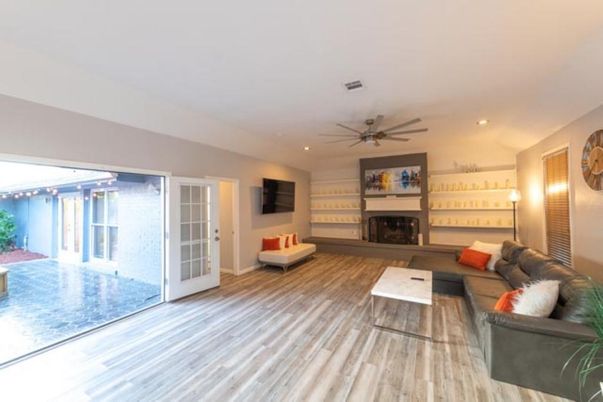 Fireplace, Interior, Living room, Recessed Lighting, Wood Texture Flooring