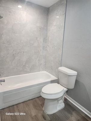 Bathroom, Interior, Marble Walls, Recessed Lighting, Wood Texture Flooring