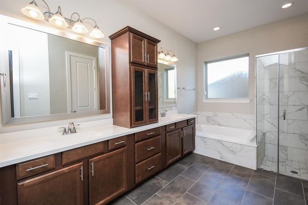 Bathroom, Dual Sink Vanities, Glass Shower, Interior, Marble Walls, Recessed Lighting