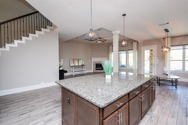 Dining room, Fireplace, Interior, Pendant Lights, Wood Texture Flooring