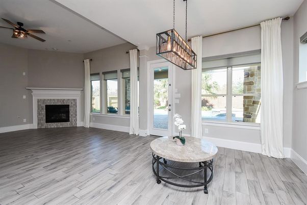 Fireplace, Interior, Pendant Lights, Recessed Lighting, Wood Texture Flooring