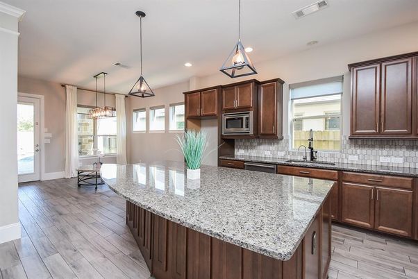 Dining room, Interior, Kitchen, Pendant Lights, Recessed Lighting, Wood Texture Flooring