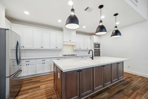 Interior, Kitchen, Pendant Lights, Recessed Lighting, Stainless Steel Appliances, Wood Texture Flooring