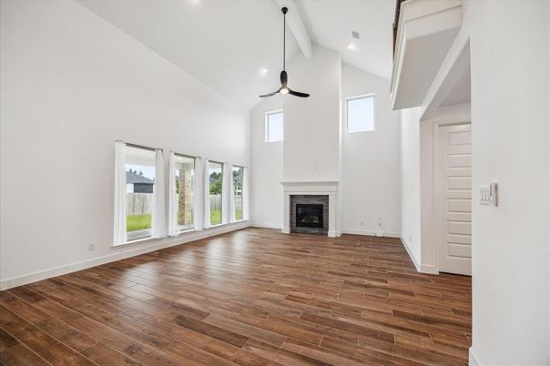 Empty room, Fireplace, Interior, Pendant Lights, Recessed Lighting, Wood Texture Flooring