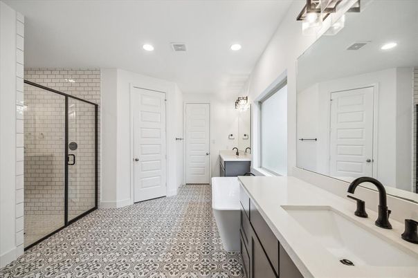 Bathroom, Dual Sink Vanities, Glass Shower, Interior, Recessed Lighting