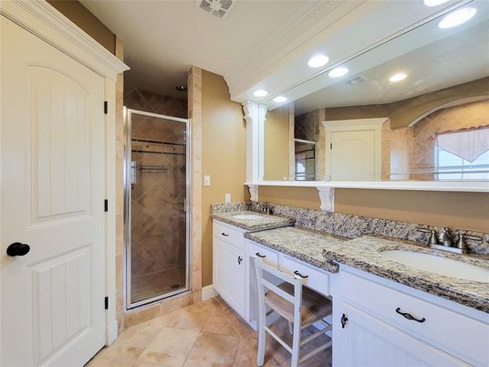 Bathroom, Dual Sink Vanities, Glass Shower, Interior, Recessed Lighting