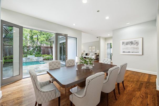 Dining room, Interior, Recessed Lighting, Wood Texture Flooring