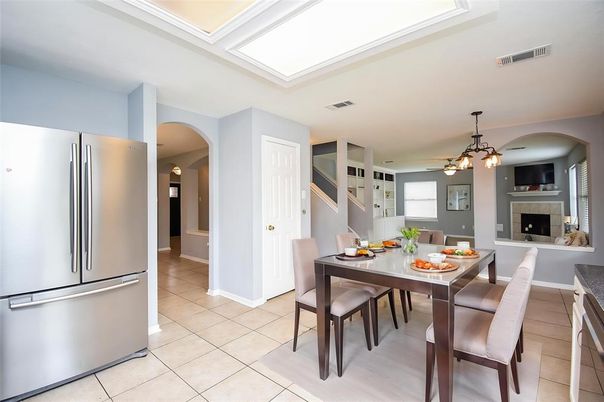 Dining room, Fireplace, Interior, Pendant Lights