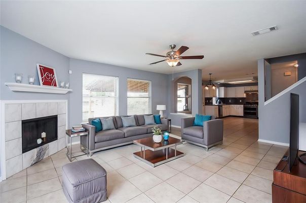 Fireplace, Interior, Kitchen, Living room, Pendant Lights, Stainless Steel Appliances