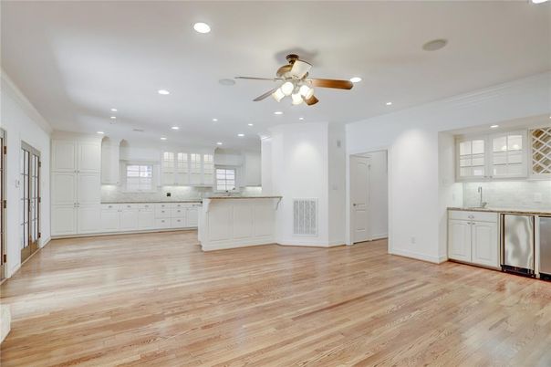 Empty room, Interior, Kitchen, Recessed Lighting, Wood Texture Flooring
