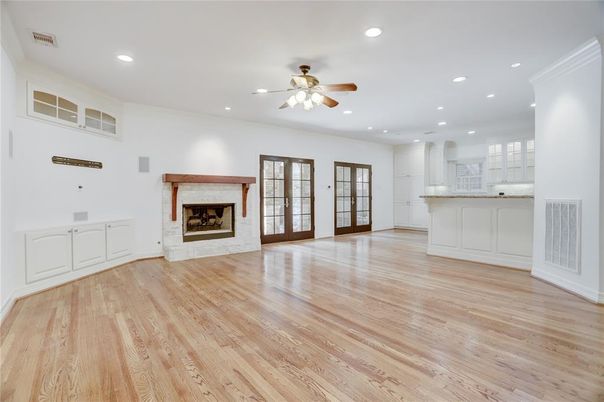Empty room, Fireplace, Interior, Kitchen, Recessed Lighting, Wood Texture Flooring