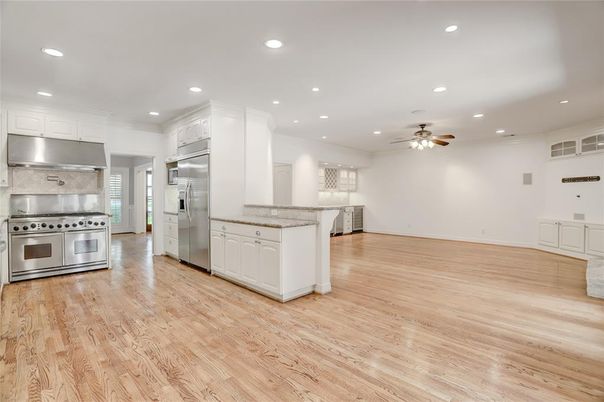 Interior, Kitchen, Recessed Lighting, Stainless Steel Appliances, Wood Texture Flooring