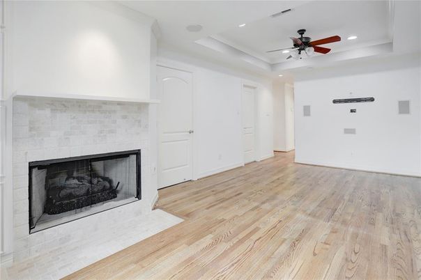 Fireplace, Interior, Recessed Lighting, Wood Texture Flooring