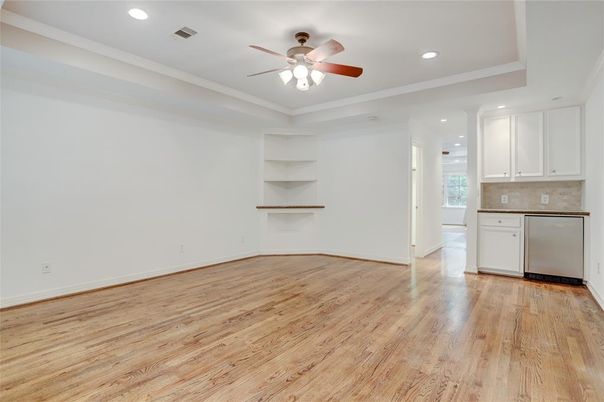 Empty room, Interior, Kitchen, Recessed Lighting, Wood Texture Flooring