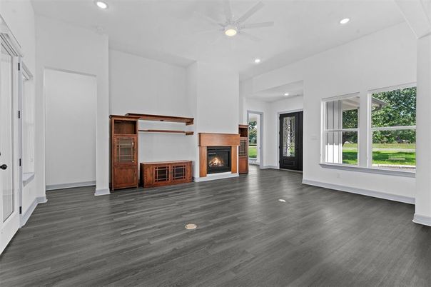 Empty room, Fireplace, Interior, Recessed Lighting, Wood Texture Flooring