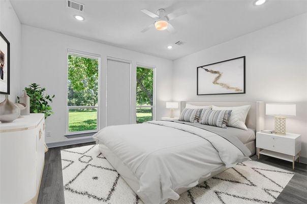 Bedroom, Interior, Recessed Lighting, Wood Texture Flooring
