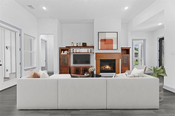 Fireplace, Interior, Living room, Recessed Lighting, Wood Texture Flooring