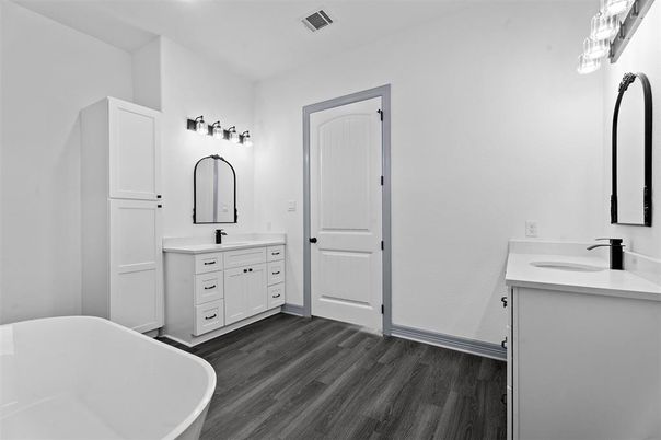 Bathroom, Dual Sink Vanities, Free Standing Baths, Interior, Wood Texture Flooring