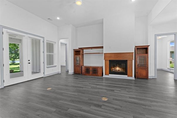Empty room, Fireplace, Interior, Recessed Lighting, Wood Texture Flooring