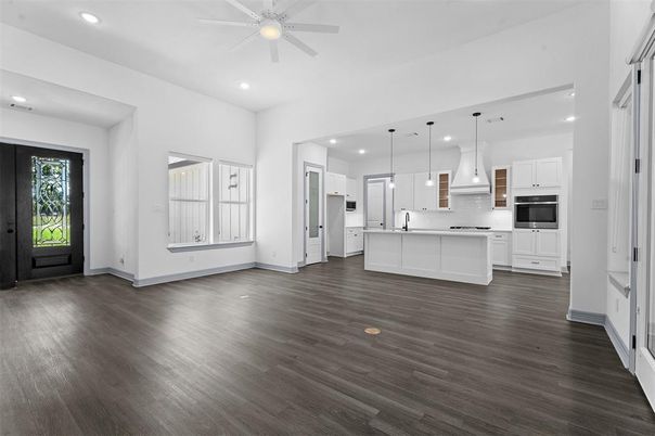 Empty room, Interior, Kitchen, Pendant Lights, Recessed Lighting, Wood Texture Flooring