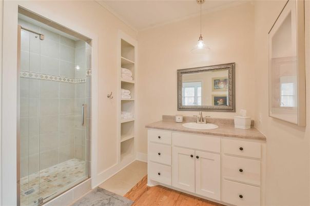Bathroom, Glass Shower, Interior, Pendant Lights, Wood Texture Flooring