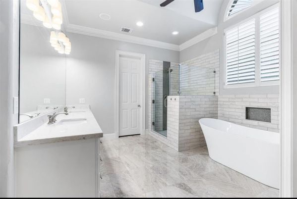 Bathroom, Free Standing Baths, Glass Shower, Interior, Marble, Recessed Lighting