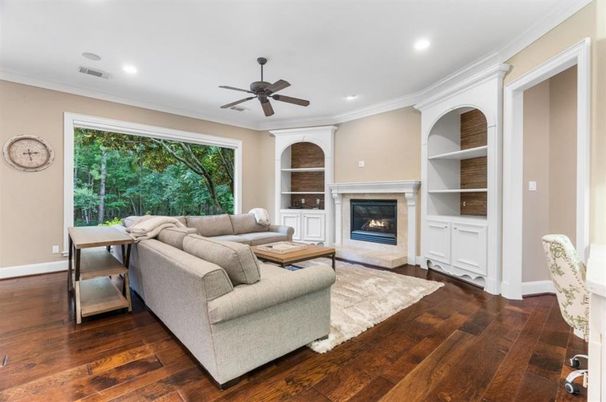 Fireplace, Interior, Living room, Recessed Lighting, Wood Texture Flooring