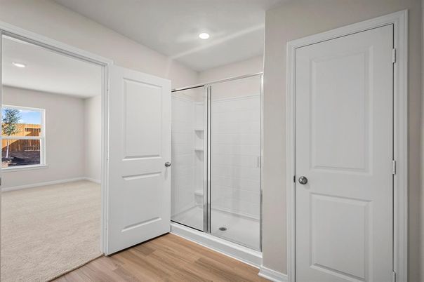 Bathroom, Glass Shower, Interior, Recessed Lighting, Wood Texture Flooring